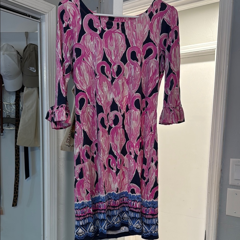Lilly Pulitzer Pink and Black Sheath Dress with Cuffed Sleeves